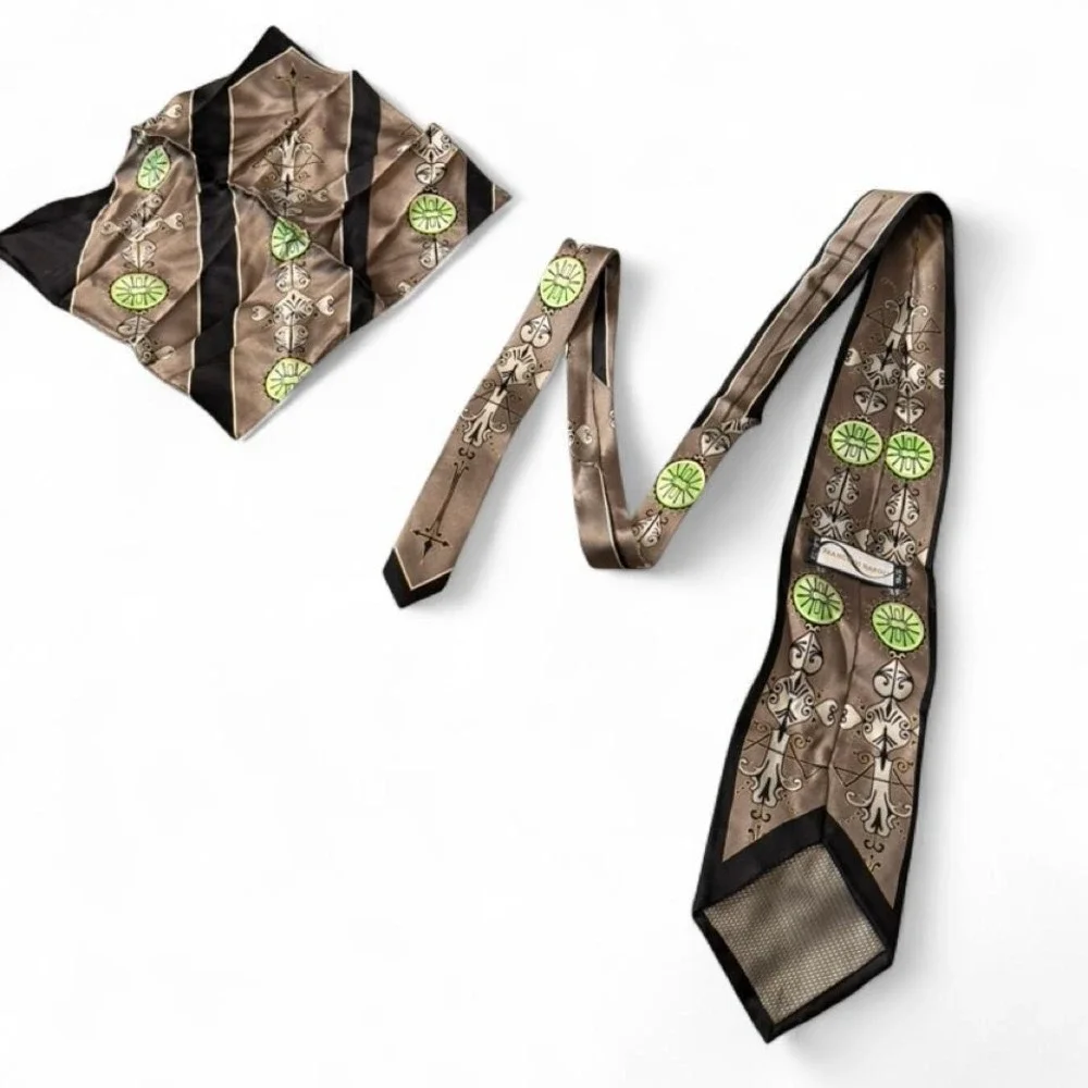 Vintage 80s/90s Franco Di Napoli Geometric Art Deco Silk Tie & Pocket Square Set